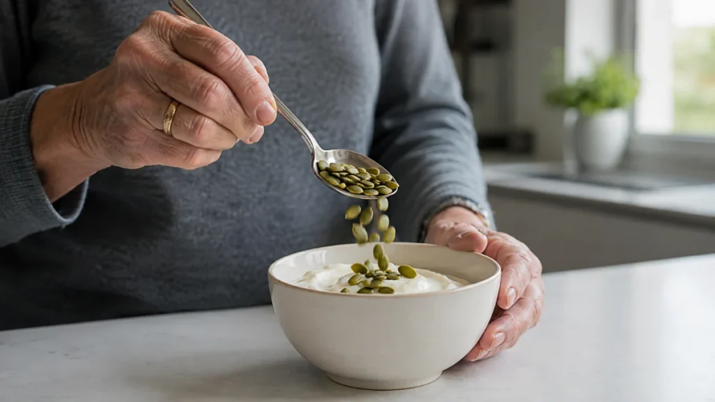 Older hands spoon pumpkin seeds over a bowl of plain yogurt on a kitchen counter, one of the top magnesium-rich foods
