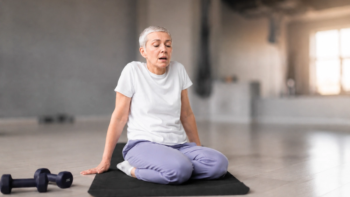 Woman catching her breath on a gym floor after a hard workout, shoulders still tense instead of calm.
