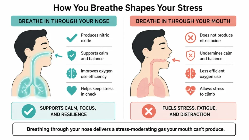 Diagram comparing nasal and mouth breathing during exercise, showing how only nasal breathing releases the vessel-widening gas nitric oxide, with the mouth side left empty to show what's lost.
