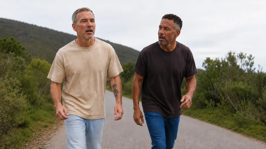 Two men walking briskly on an outdoor path, one mid-sentence in conversation.