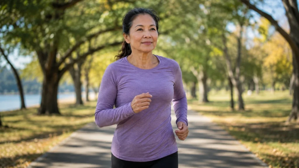 Woman jogging at a steady, relaxed pace along a tree-lined path, breathing easy.