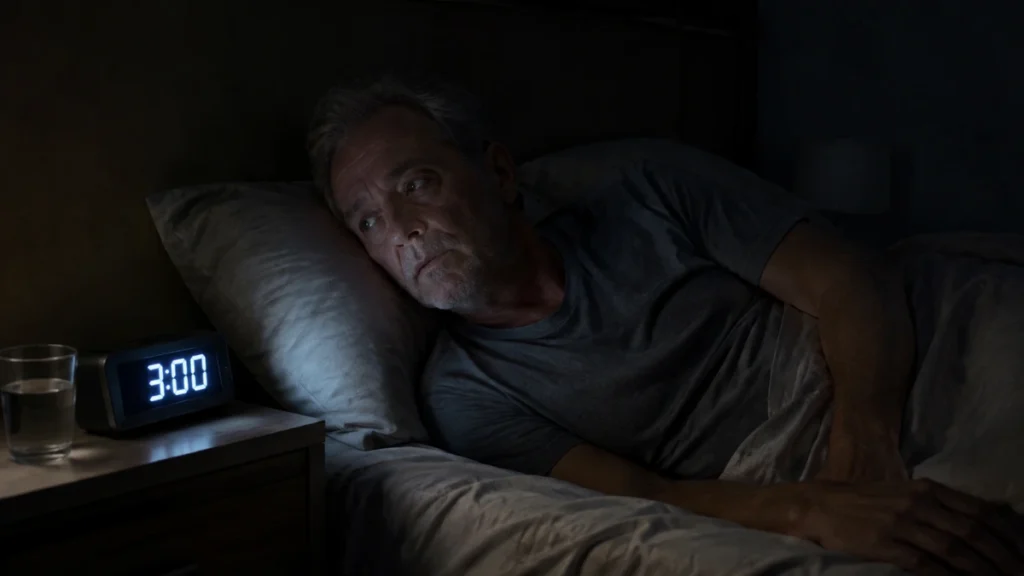 Mature adult checking a bedside clock at 3am, wide awake despite exhaustion from a disrupted night.