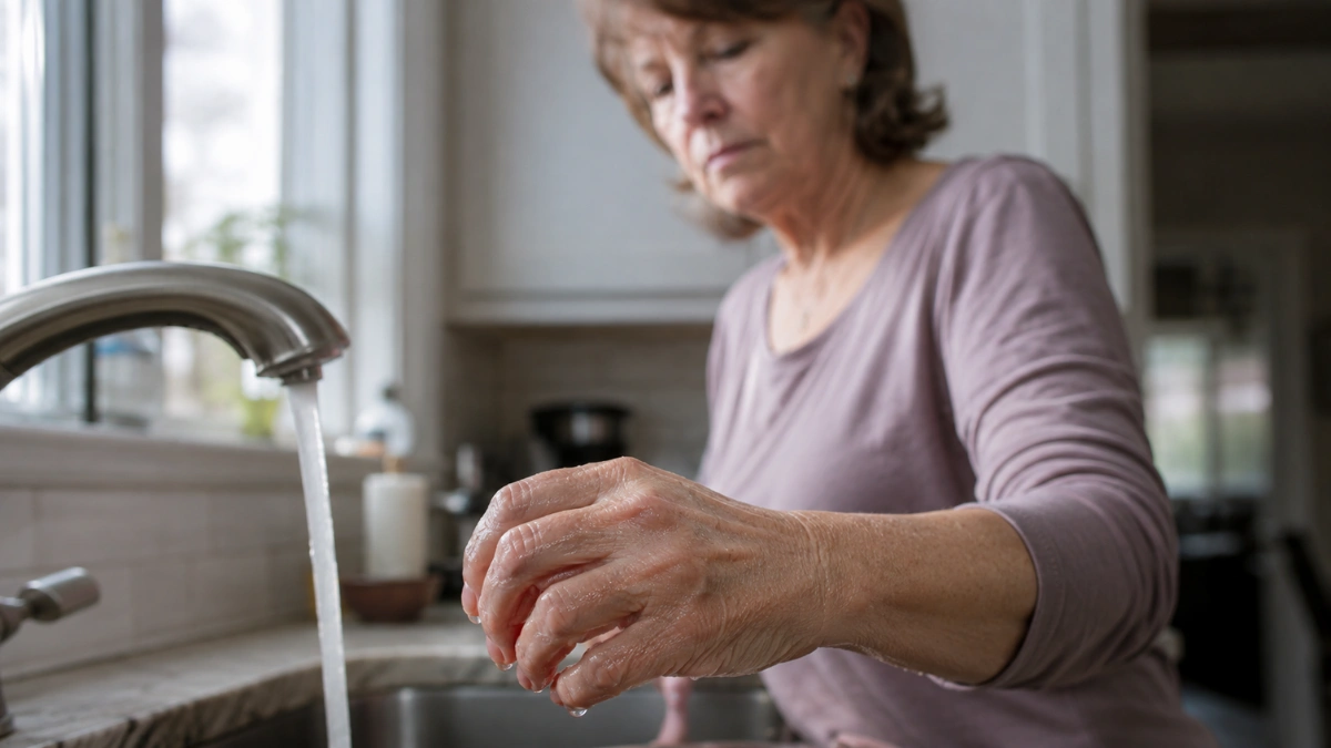 Woman pausing at a kitchen sink to notice skin and vein changes on her hand, a visible sign of biological aging.