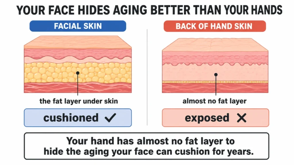 Comparison illustration of facial versus hand skin fat layers demonstrating why the hand shows structural aging sooner, with the hand's thin cross-section beside the face's cushioned one.