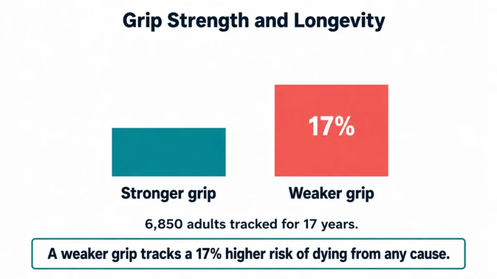 Bar chart of grip strength and all-cause mortality risk demonstrating a 17 percent higher death risk with weaker grip, with two bars comparing stronger and weaker grip outcomes