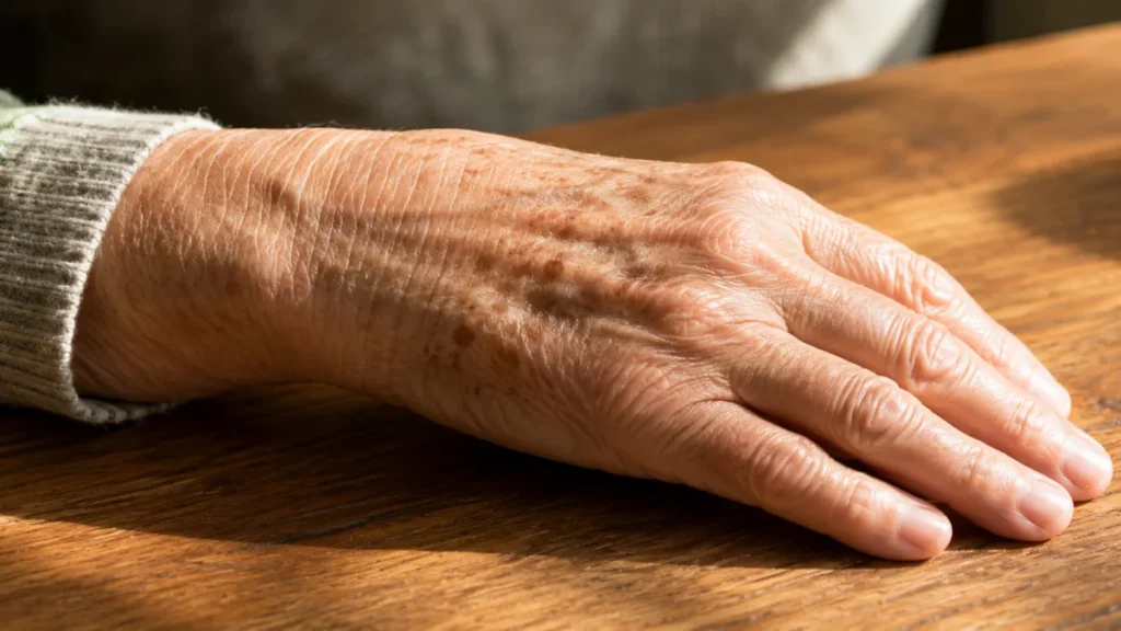 Close-up of an aging hand resting in natural light, revealing sun-formed age spots scattered across the skin's surface.