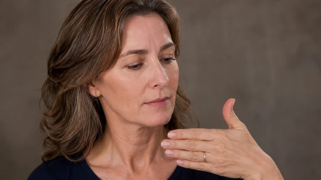 Woman holding her hand up to the light, closely examining her thumbnail for signs of slower nail growth linked to aging.