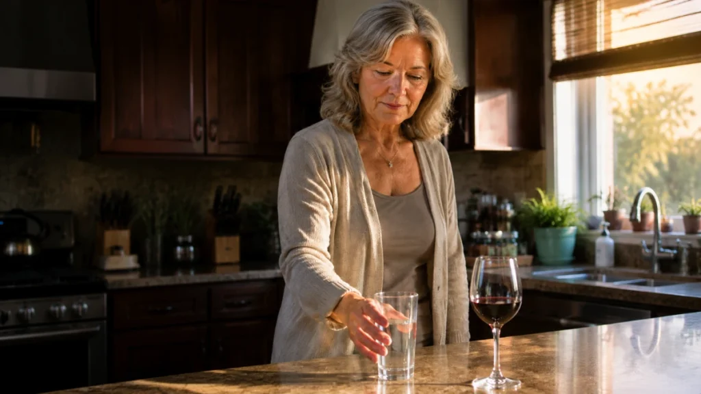 Mature adult reaching for water instead of wine in the early evening, preparing for a one-week sleep test.