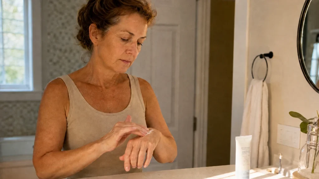 Woman rubbing sunscreen into the back of her hand at the bathroom counter, folding hand protection into her daily skincare routine.