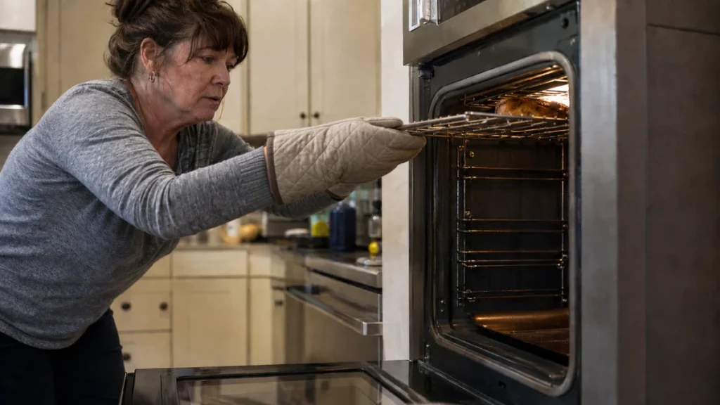 Woman in her sixties drawing a hot oven rack toward her with a quilted mitt, checking food part-way through a dry-heat bake.