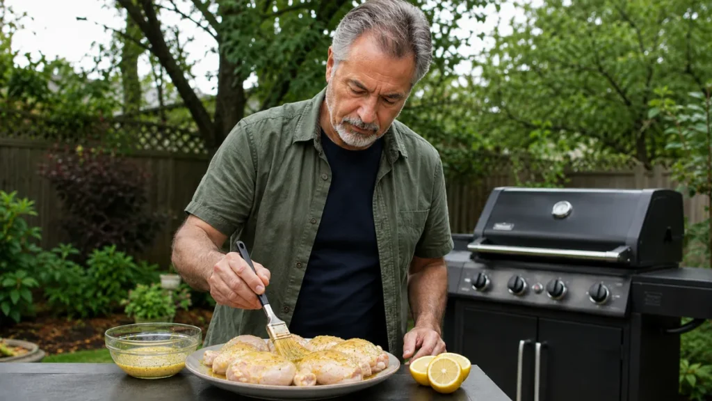 Man brushing acidic marinade onto raw chicken before grilling outdoors, reducing inflammatory compound formation before heat is applied.
