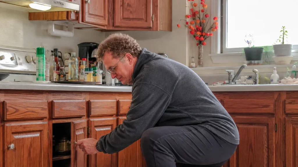 Older man bending easily to reach a low kitchen cabinet after his morning stiffness clears.