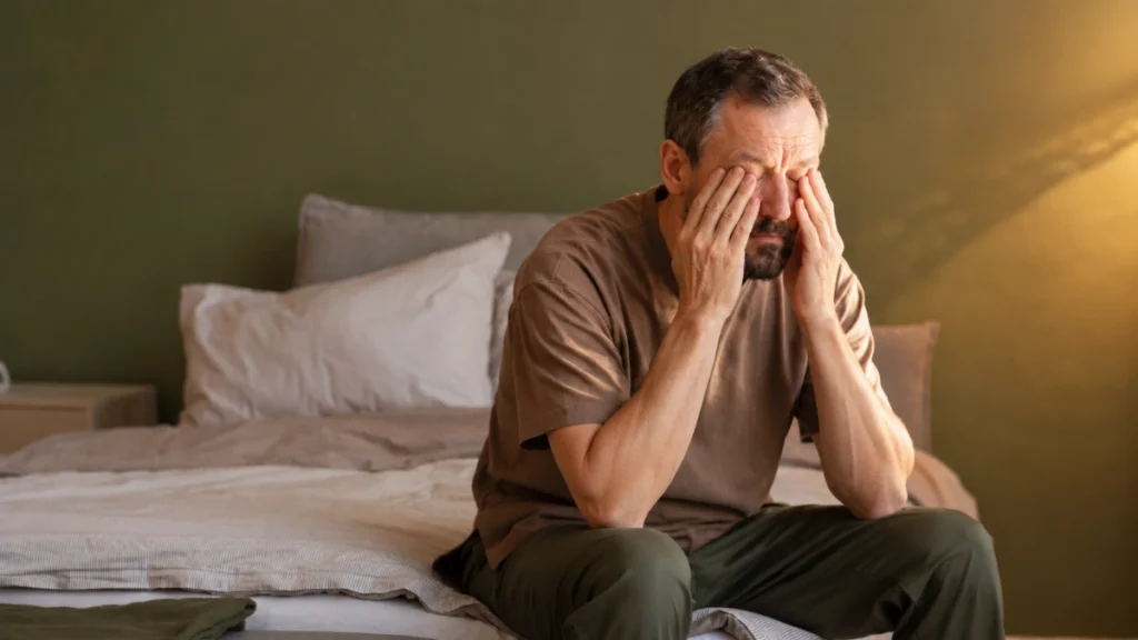 Person in their 60s sitting on the edge of the bed in the morning, rubbing tired eyes, showing the grogginess of a less restorative night's sleep.