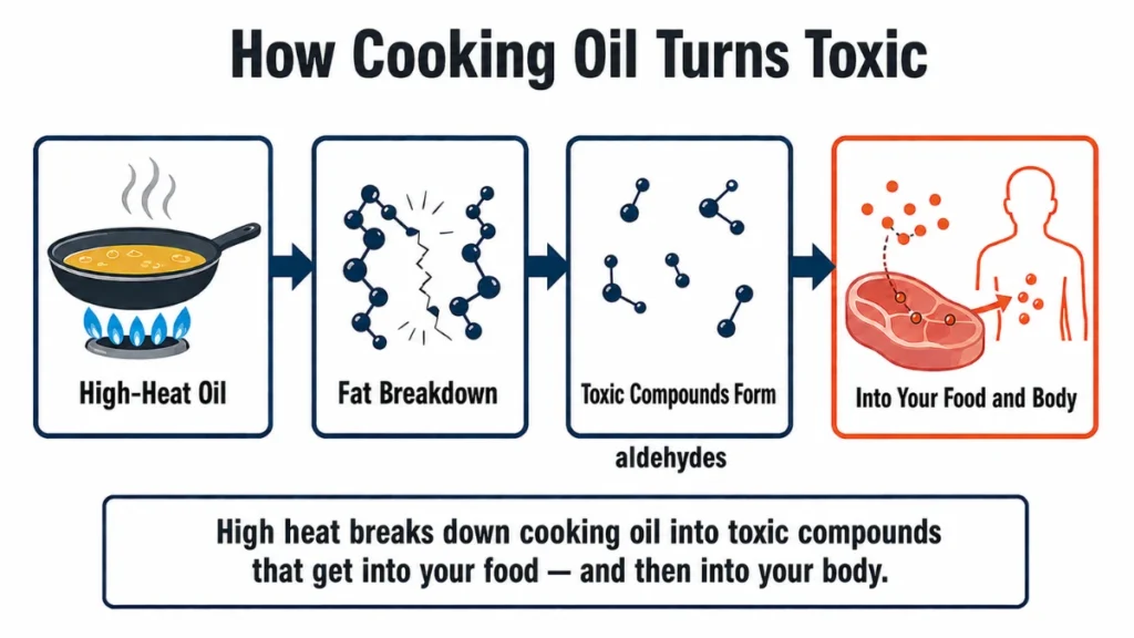 Process diagram of oil fat breakdown during high-heat searing demonstrating how toxic aldehyde compounds form and enter the food, with stage-by-stage arrows across the cooking process.