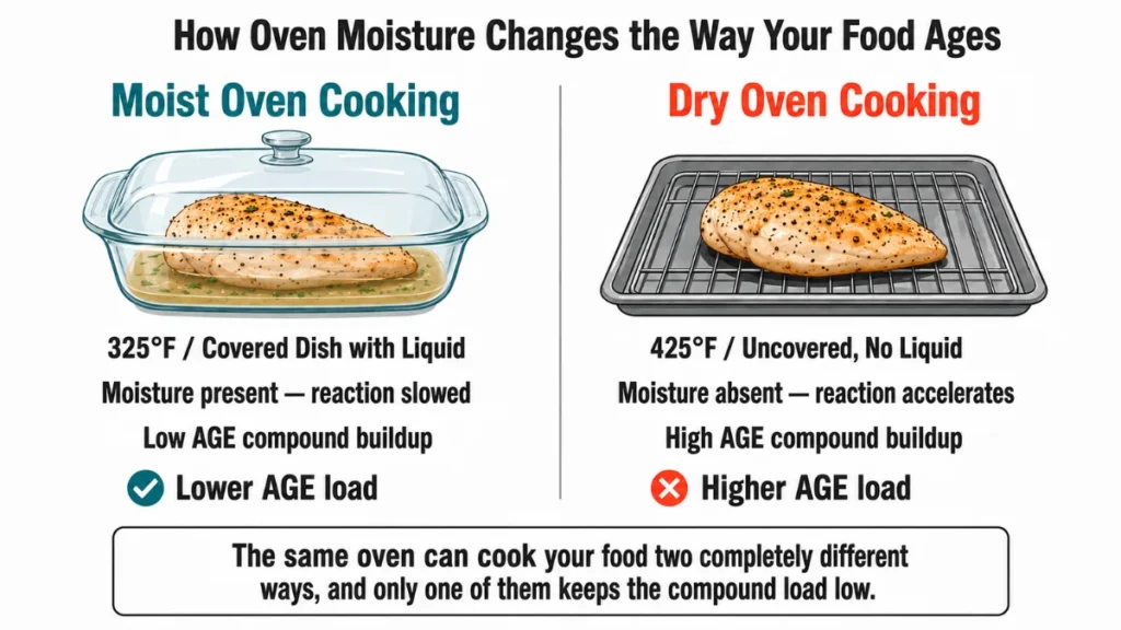 Side-by-side comparison diagram contrasting the same chicken breast cooked two ways: covered in liquid at 325°F with moisture slowing the reaction, and uncovered on a rack at 425°F with moisture absent. Teal and red verdict labels mark the lower and higher AGE load.