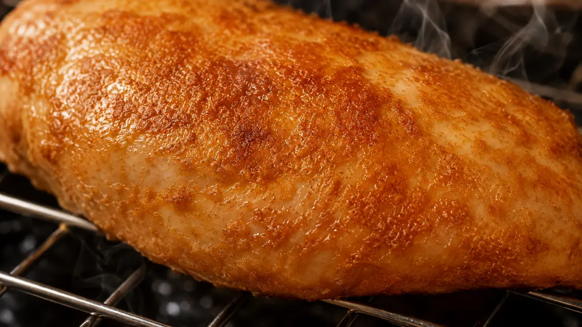 Golden-browned chicken on an oven rack showing the surface browning that signals AGE compound formation during high-heat baking.