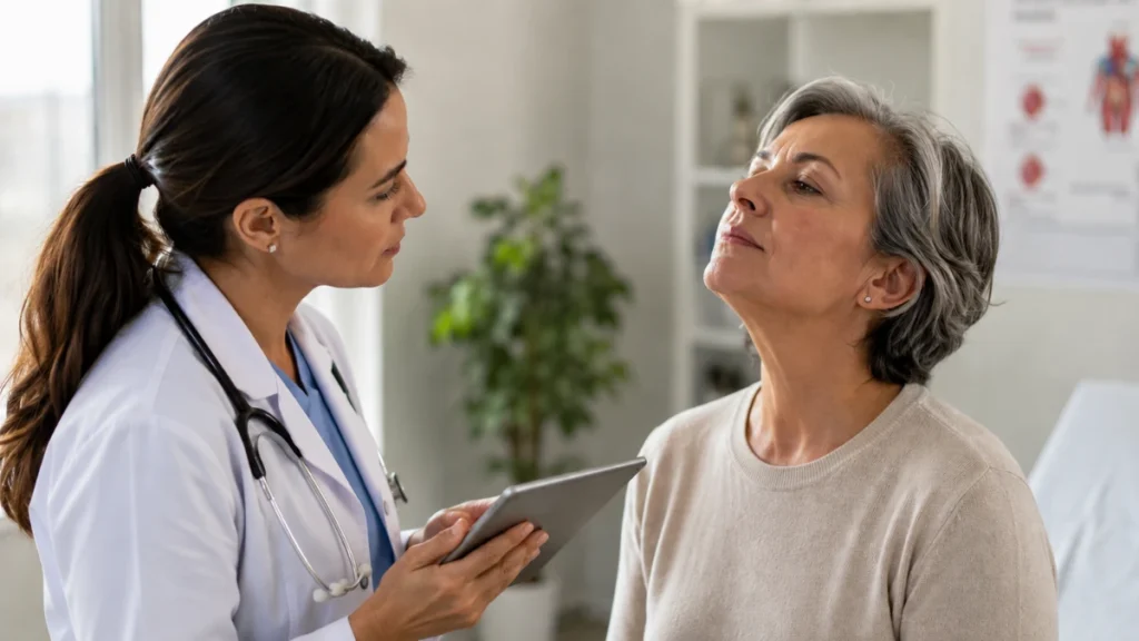 Doctor discussing thyroid test results with a patient, since normal TSH can still mean low active hormone reaching the brain