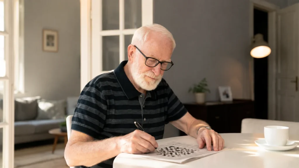 Older adult solving a crossword at a sunlit table, the everyday mental engagement DHA and EPA support