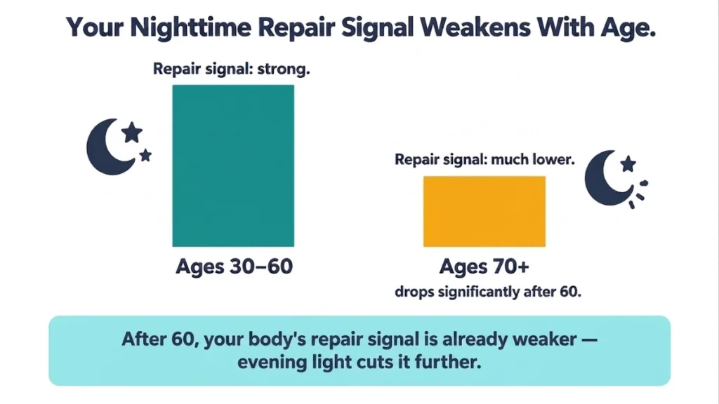 Bar chart of nighttime repair signal by age group demonstrating a large drop in older adults, with teal and amber bars showing the directional decline after age 60.