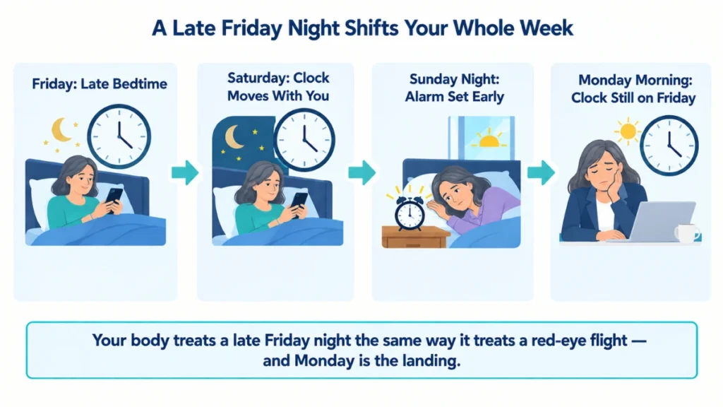 Process diagram of the Friday-to-Monday clock shift demonstrating how late weekend bedtimes push the body clock out of sync, with arrows marking each stage of the cycle.