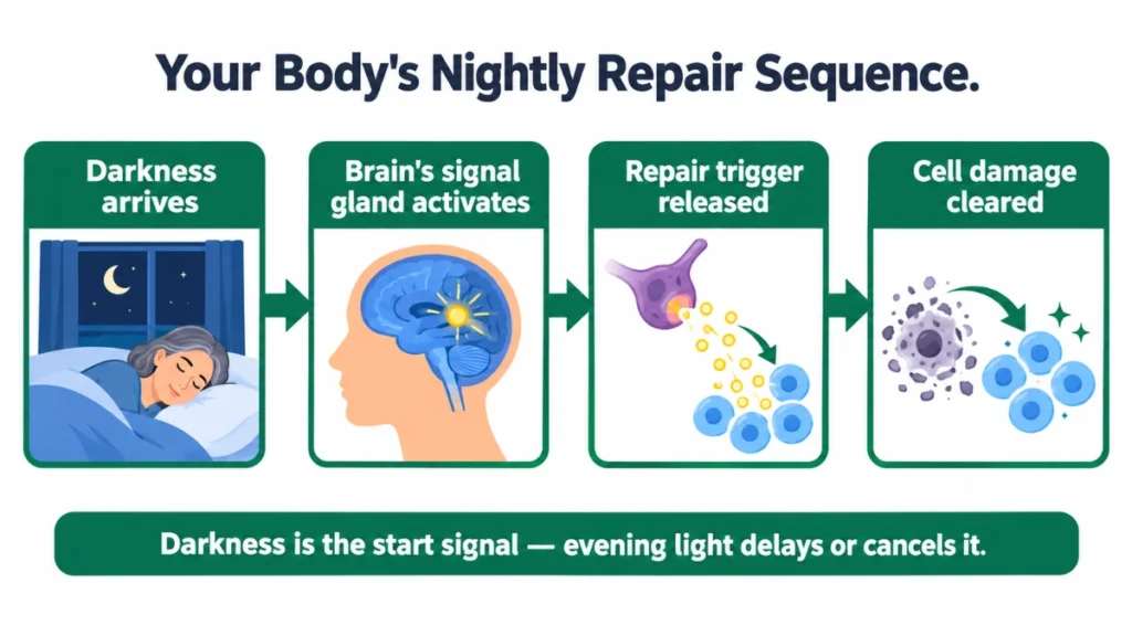 Process diagram of nightly cellular repair sequence demonstrating how darkness triggers melatonin release and DNA clearing, with four labeled stages connected by arrows.