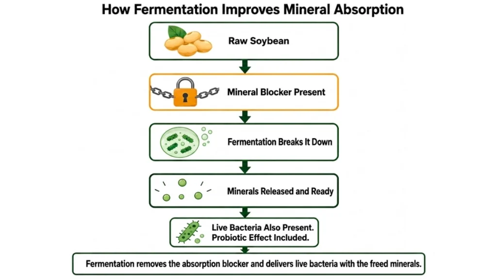 Process diagram of fermentation breaking down mineral blockers in soybeans demonstrating how miso releases absorbable minerals and delivers beneficial bacteria simultaneously, with vertical five-stage flow and inline probiotic callout.