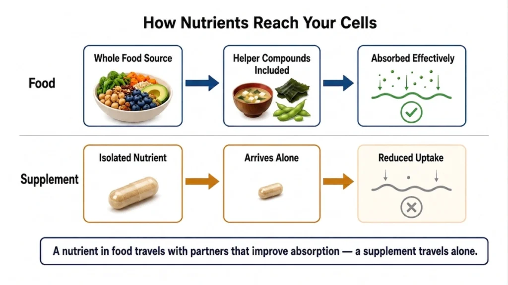Process diagram of food synergy versus isolated supplements demonstrating how helper compounds in whole foods including miso, wakame, and edamame improve nutrient absorption, with two parallel flow lanes.