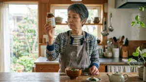 Japanese woman over 60 examining supplement bottle beside steaming miso soup, considering japanese women food nutrients.