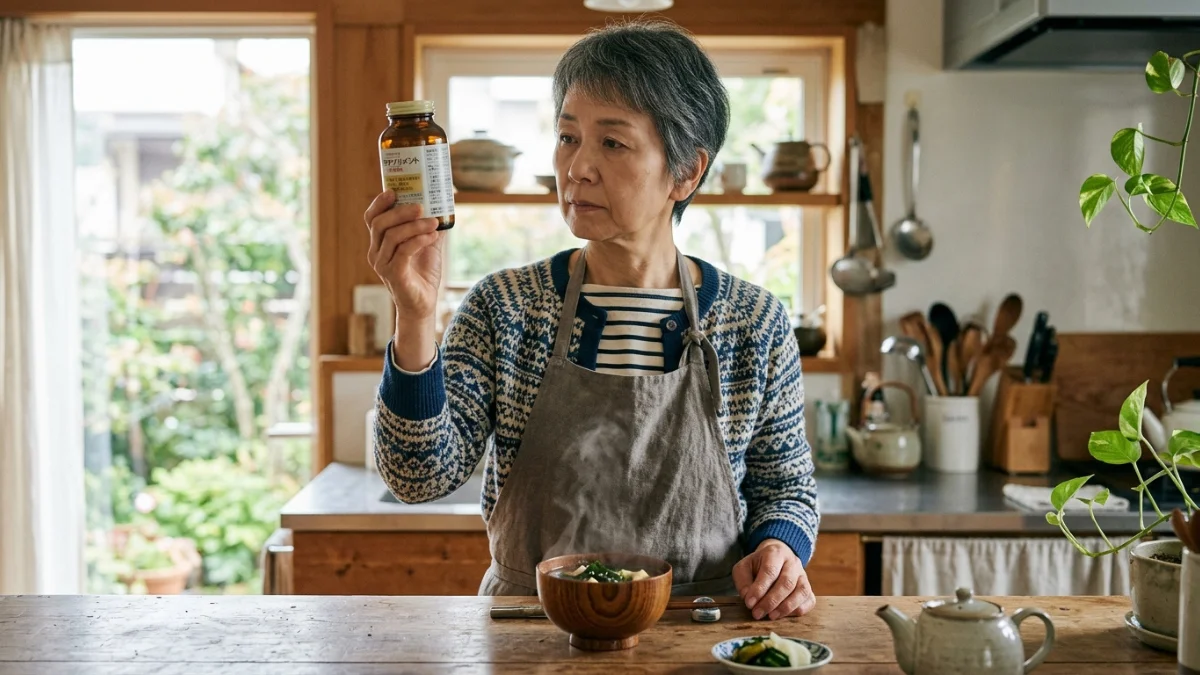 Japanese woman over 60 examining supplement bottle beside steaming miso soup, considering japanese women food nutrients.