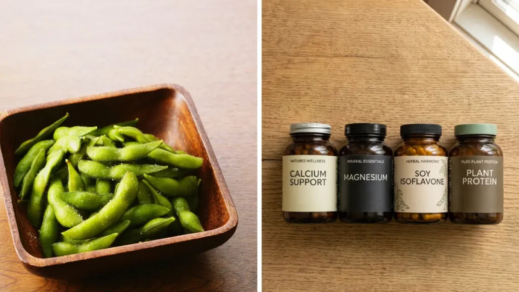 Collage of shelled edamame in a wooden bowl beside four supplement bottles including calcium support, magnesium, soy isoflavone and plant protein showing what one whole food replaces for women over 60.