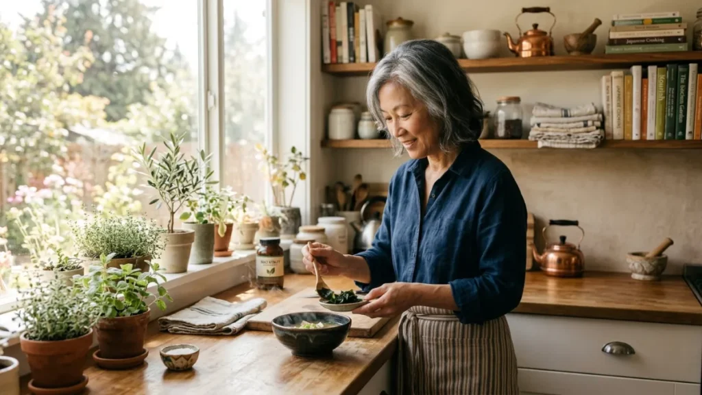Woman in her 60s spooning wakame into miso soup bowl, choosing whole food calcium over supplement tablet.