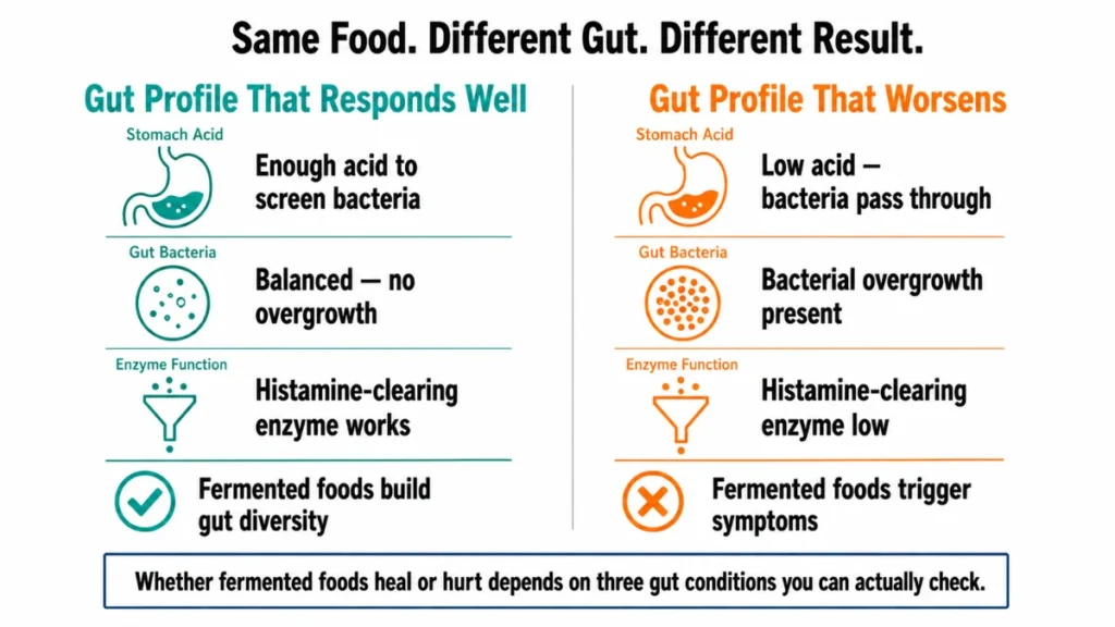 Two-state diagram comparing healthy gut profile enabling fermented food benefits against declined gut profile triggering histamine and bacterial symptoms.