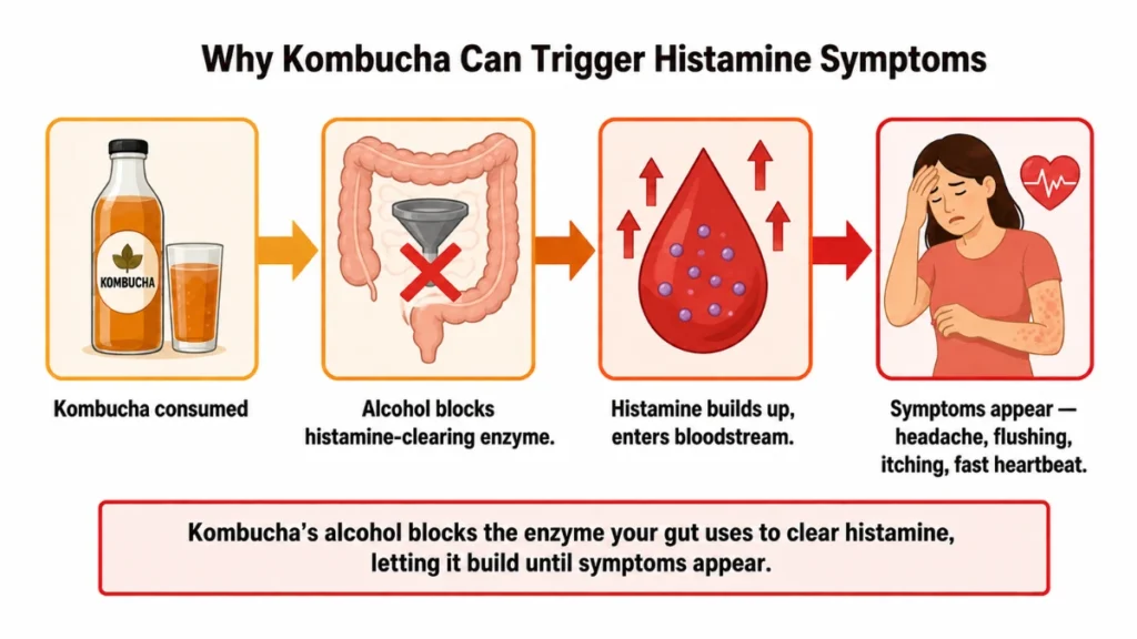 Process diagram tracing how kombucha alcohol blocks the histamine-clearing enzyme, causing histamine buildup and triggering inflammation symptoms.