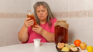 Woman over 50 examining kombucha bottle with yogurt nearby, questioning whether fermented foods after 50 are helping her gut.