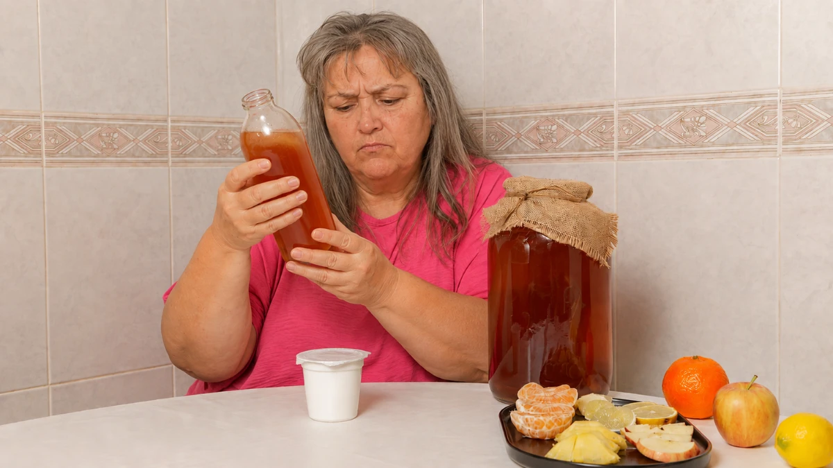 Woman over 50 examining kombucha bottle with yogurt nearby, questioning whether fermented foods after 50 are helping her gut.