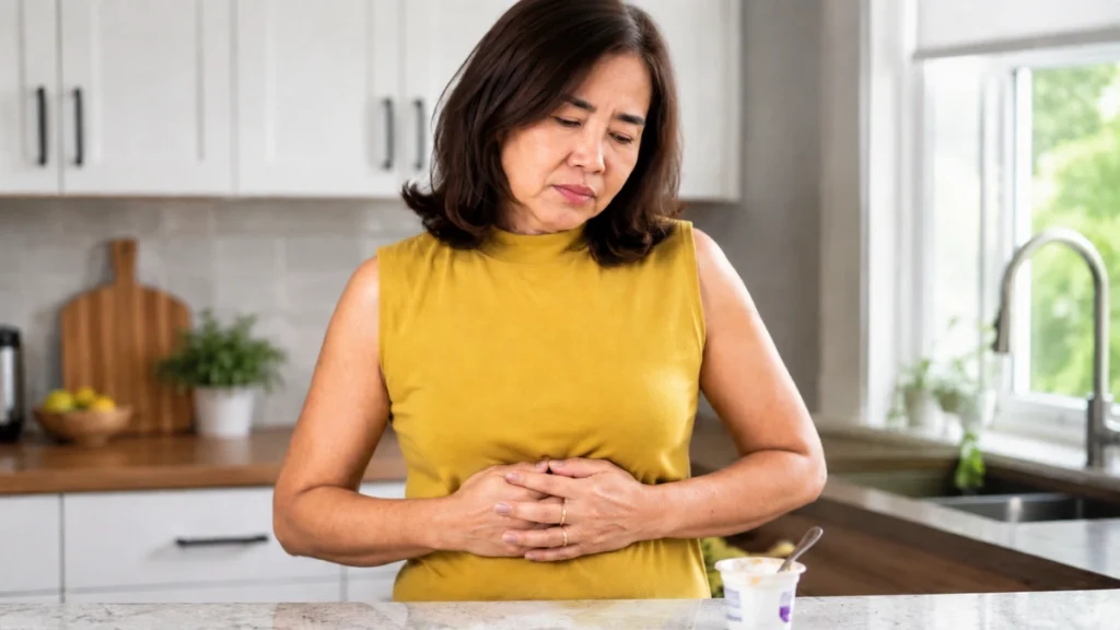 Woman in her 50s at kitchen counter with yogurt, hand on abdomen with a mild expression of gut discomfort after eating.