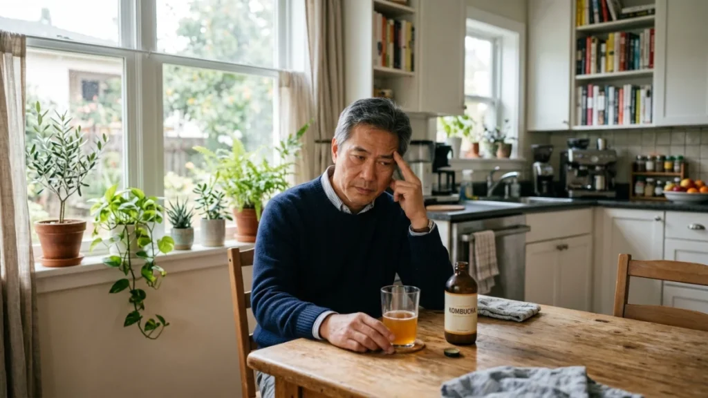 Man in his 50s at kitchen table with kombucha nearby, pressing fingers to his temple with a subtle headache after eating fermented food.