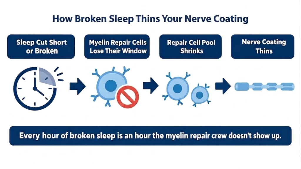 Process diagram of sleep deprivation disrupting myelin repair cells, demonstrating how broken sleep progressively thins the nerve coating, with arrows showing each stage of breakdown.