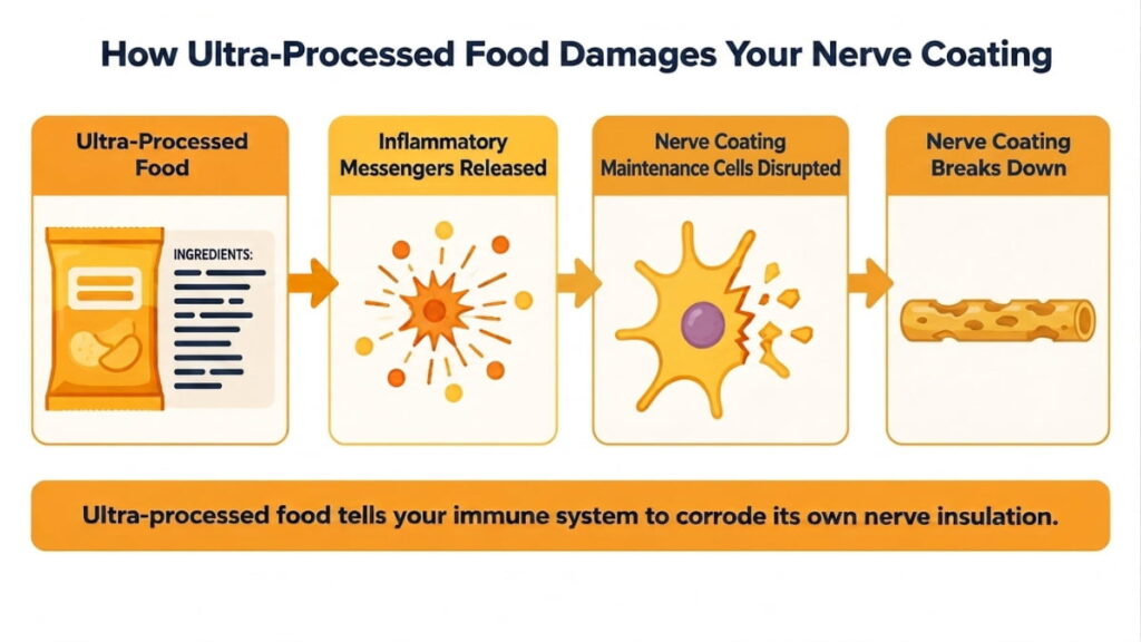 Process diagram of ultra-processed food triggering inflammatory messengers that disrupt nerve coating maintenance cells, with arrows showing each stage of nerve coating breakdown.