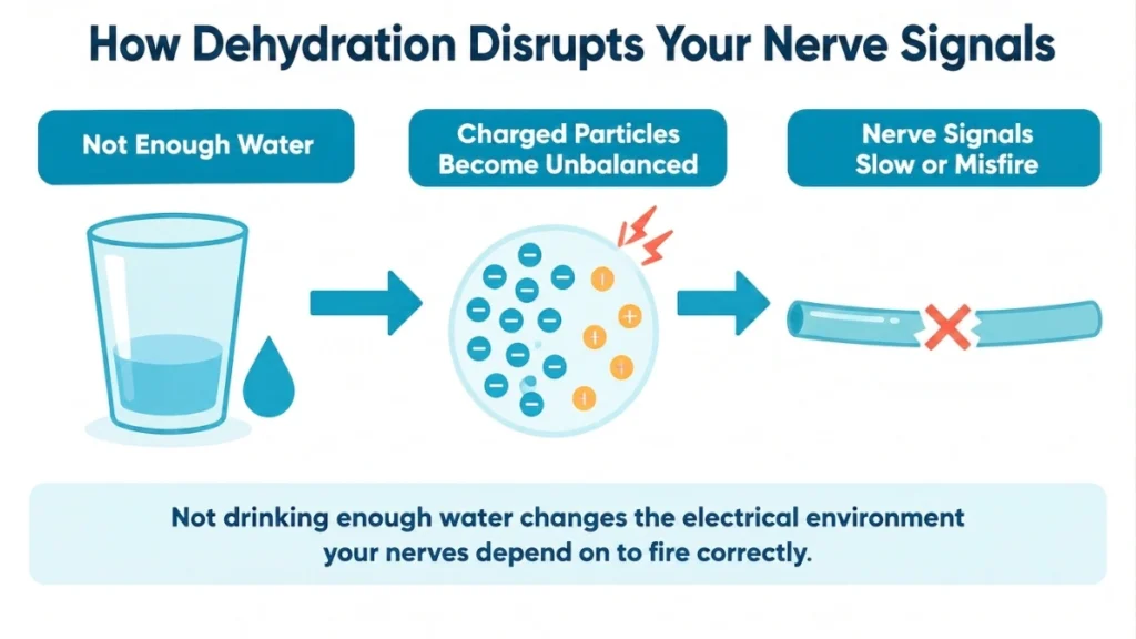 Process diagram of dehydration disrupting charged particle balance to demonstrate how low fluid intake slows and misfires nerve signals, with arrows showing each stage.