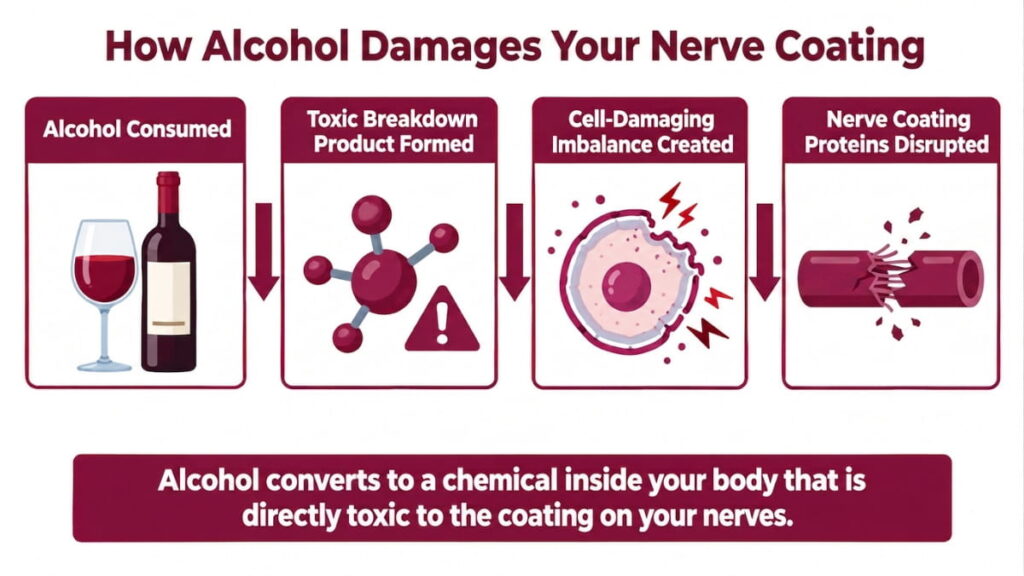 Process diagram of alcohol converting to a toxic breakdown product demonstrating how each stage progressively disrupts nerve coating proteins, with downward arrows between stages.