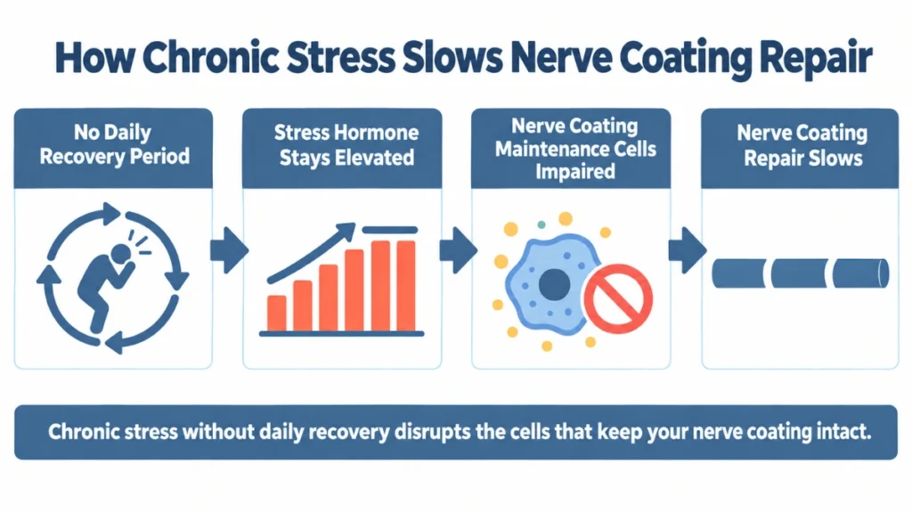 Process diagram of chronically elevated stress hormone impairing nerve coating maintenance cells, demonstrating how the absence of daily recovery progressively slows nerve repair, with arrows showing each stage.