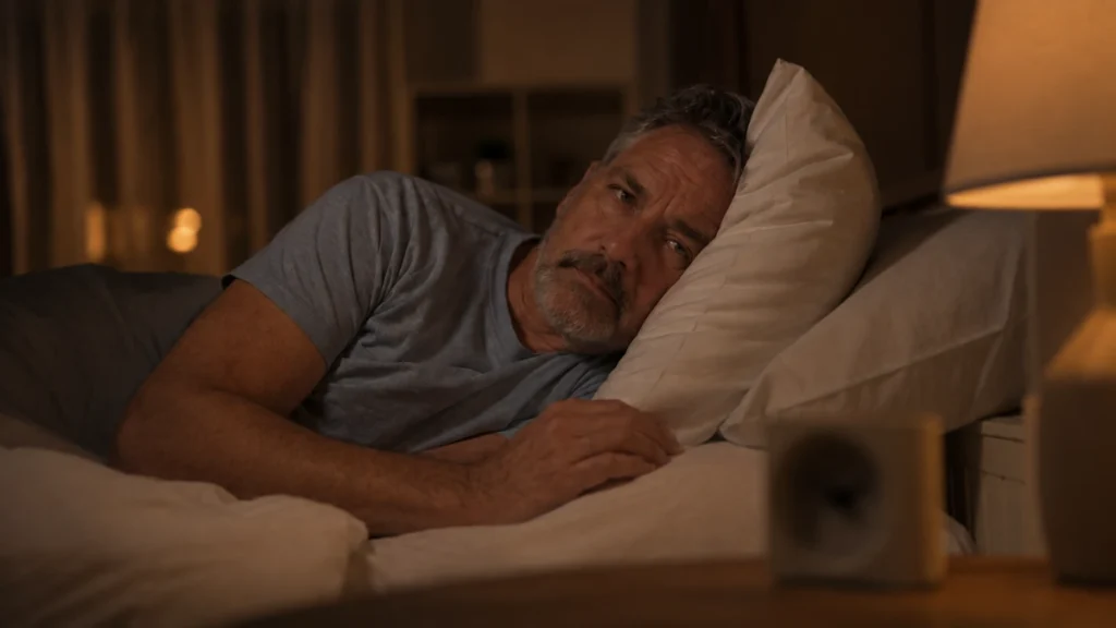Man in his late 50s lying awake at 3am with the lamp on, experiencing the fragmented sleep that interrupts overnight nerve repair.