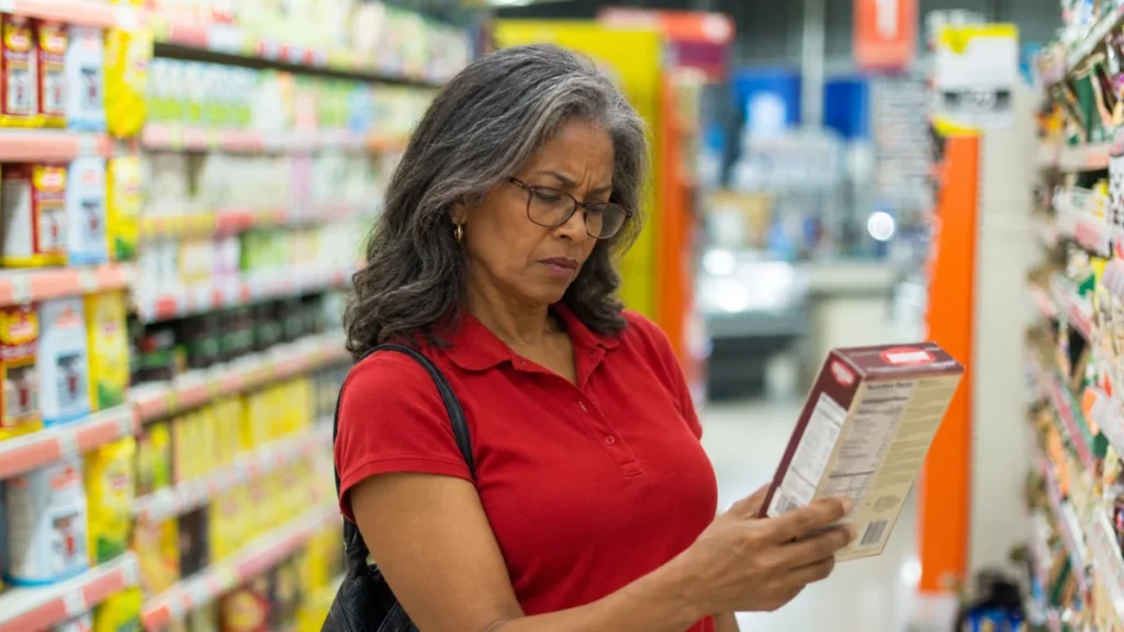 Woman in her 60s reading a food label in the grocery aisle, checking ingredients linked to inflammation and myelin damage.