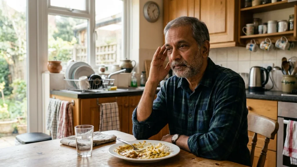 Man in his 50s at a kitchen table mid-afternoon pressing his temple, experiencing the post-meal fog linked to nerve coating after 50 blood sugar effects.