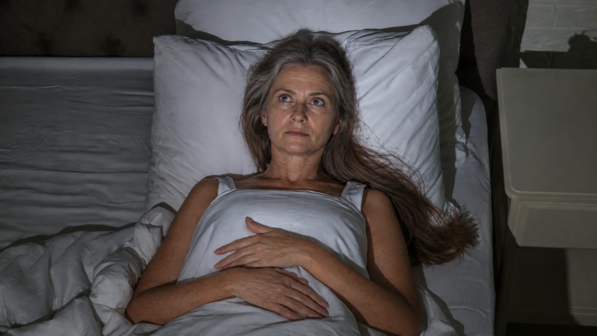 Woman in her 50s lying awake in a dark bedroom, eyes open, waiting for nervous system wind-down that hasn't arrived.