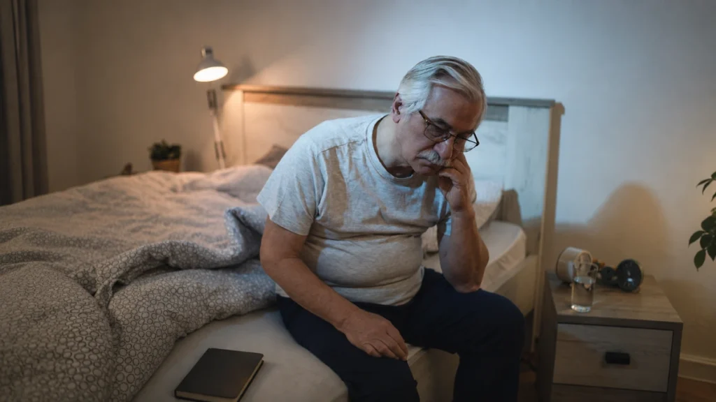 Man in his 60s lying awake in bed at night, eyes open, unable to sleep despite staying still.