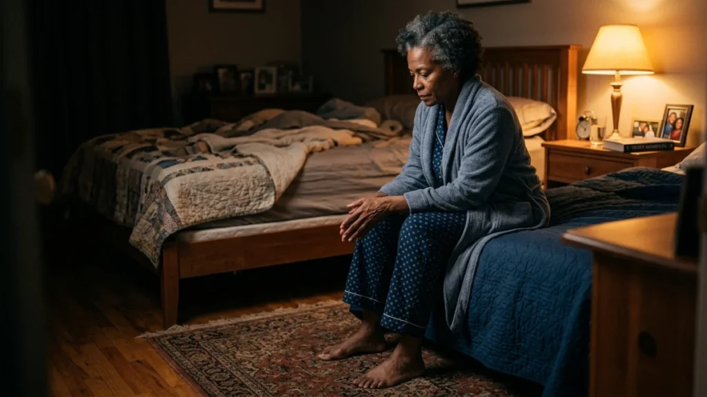 Woman in her 60s sitting on the edge of the bed at night, reflecting after another restless sleep despite trying relaxation techniques.