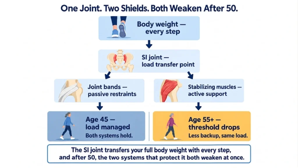 Process diagram of SI joint load transfer demonstrating how two stabilizing systems decline after 50, with age-split outcome boxes showing the lowered pain threshold.