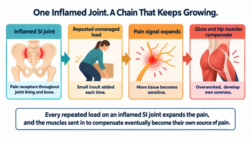 Process diagram of SI joint pain cascade demonstrating how repeated loading inflames joint tissue and recruits compensating muscles, with arrows tracking the expanding pain signal through four stages.